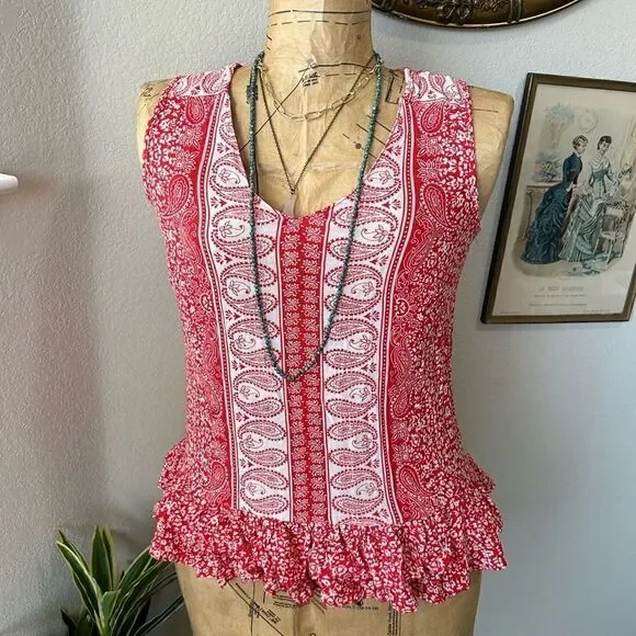 Ava Christine Red White Paisley Floral Ruffle Hem Sleeveless Blouse sz XS - Picture 5 of 9
